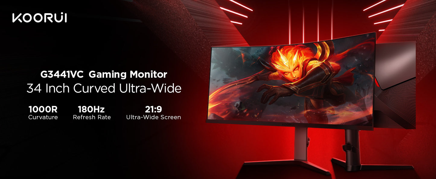 KOORUI G3441VC | 34" WQHD 180Hz 1000R Gaming Monitor | VESA Adaptive Sync | 21:9 Wide Screen | MPRT 1ms