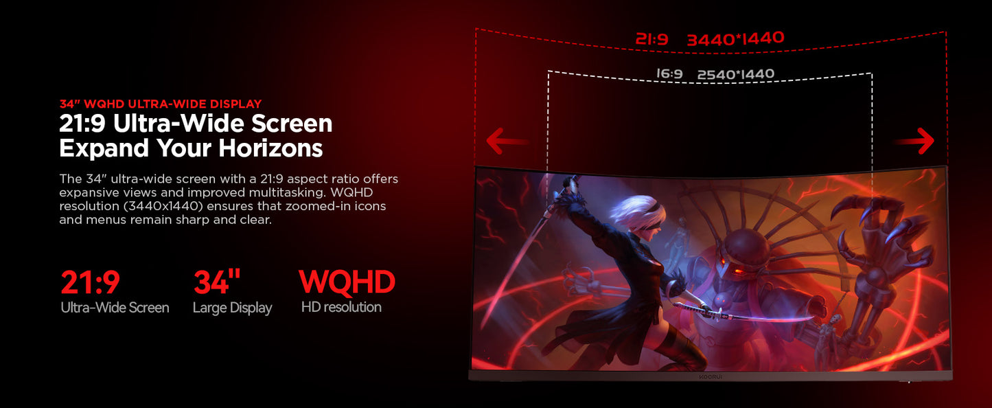 KOORUI G3441VC | 34" WQHD 180Hz 1000R Gaming Monitor | VESA Adaptive Sync | 21:9 Wide Screen | MPRT 1ms